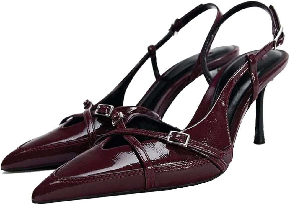 YIYA Women's Denim Blue Slingback Kitten Heels with Buckle Strap Closed Pointed Toe Stiletto High... | Amazon (US)