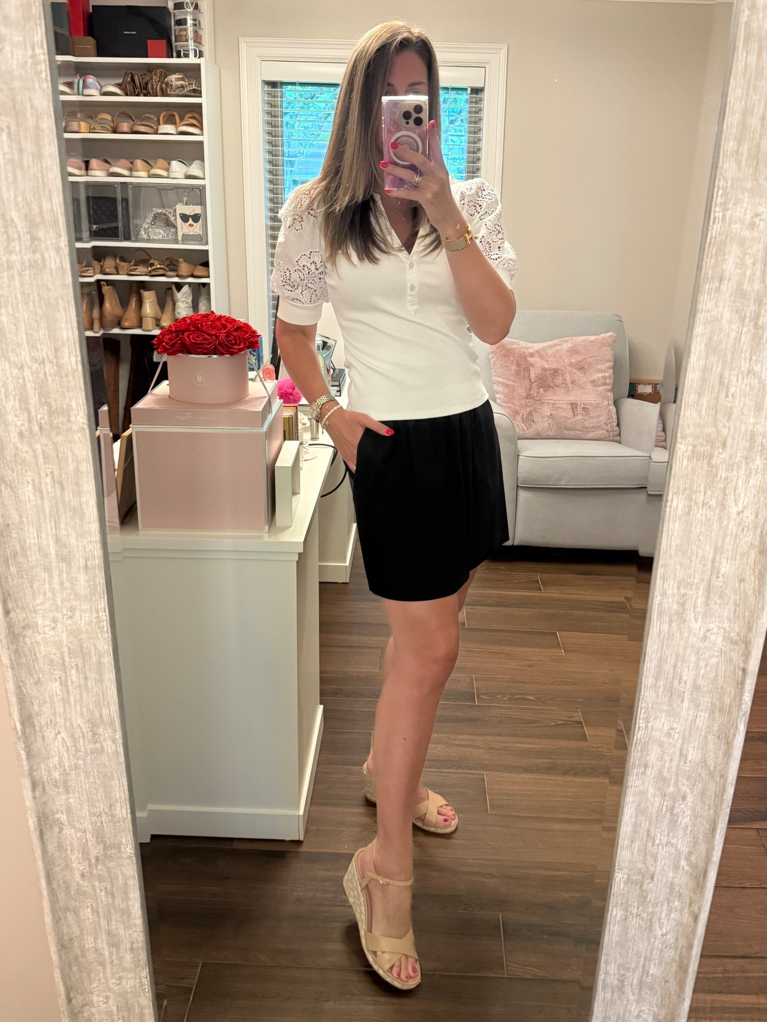 Sharing more of my favorite summer staples: 

- white eyelet top
- black skort
- skin tone espadrille wedges

Top runs TTS. Wearing size small.
Skort runs TTS. Wearing size medium. 
Wedges run TTS. Wearing size 10.

#LTKSummerEdit #LTKOver40 #LTKStyleTip
