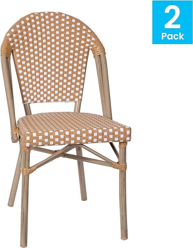 BizChair Set of 2 Indoor/Outdoor Commercial French Bistro Stack Chairs, Natural/White PE Rattan B... | Amazon (US)