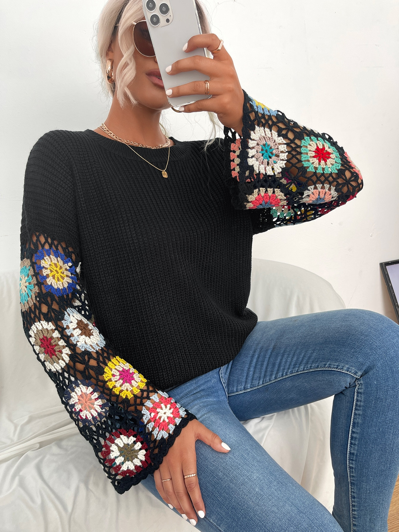 SHEIN VCAY Floral Pattern Drop Shoulder Open Knit Sweater4.83(500+) | SHEIN