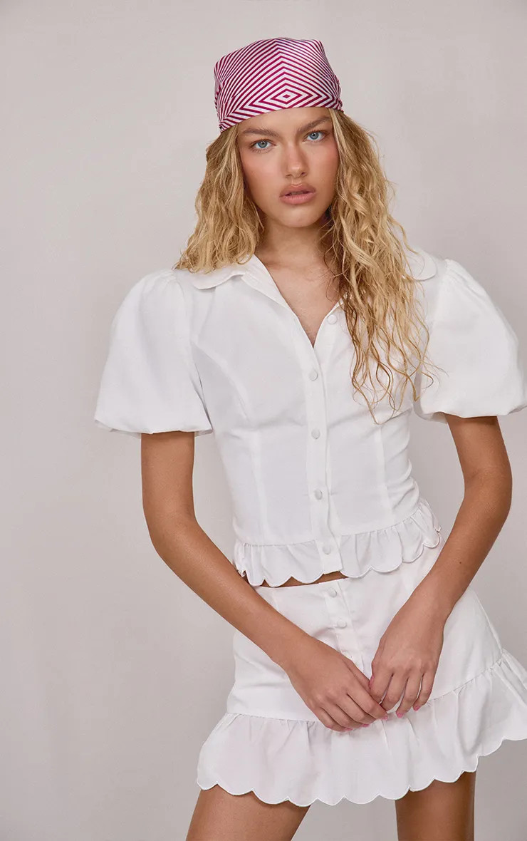 White Poplin Frill Edge Shirt Co-ord | PrettyLittleThing US