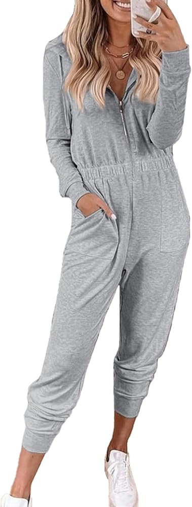 PRETTYGARDEN Women's Casual Long Sleeve Hooded Jumpsuits Zip Up One Piece Outfit Romper with Pockets | Amazon (US)