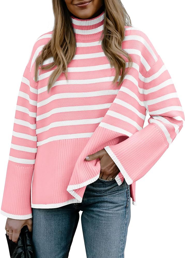 BTFBM Women Casual Turtleneck Striped Sweater 2023 Fall Winter Jumper Tops Long Sleeve Side Slit ... | Amazon (US)