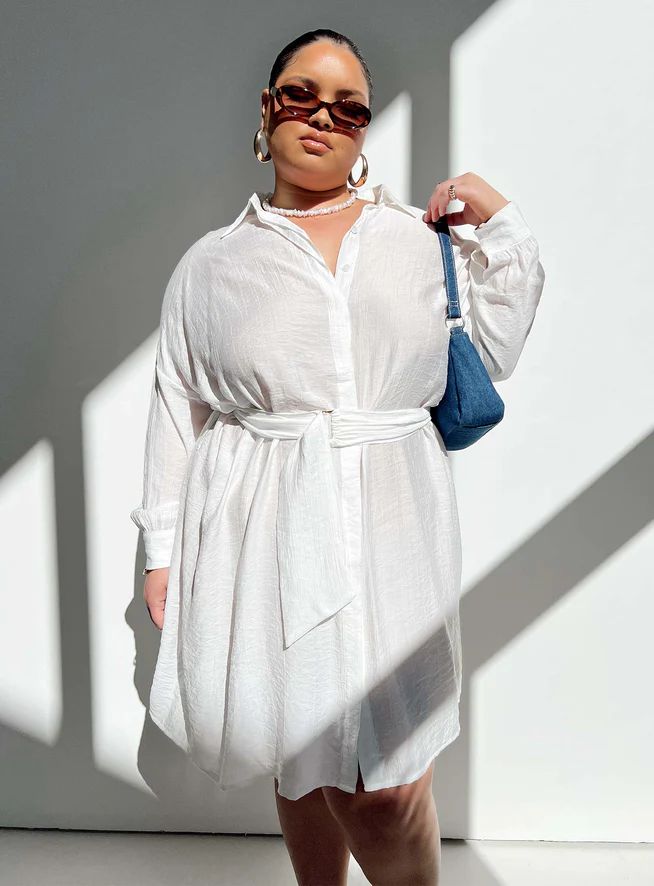 Bilari Textured Fabric Shirt Dress White Curve | Princess Polly US