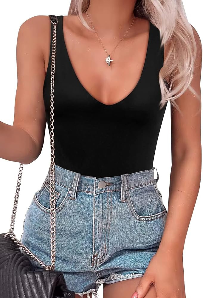 Shen&Qege Women bodysuits Sexy Deep V Neck Sleeveless Skin friendly Tops bodysuit for women : Ama... | Amazon (CA)