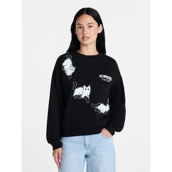 Scaredy Cat Club Women's Halloween Graphic Crew Pullover, Sizes XXS-XXL | Walmart (US)