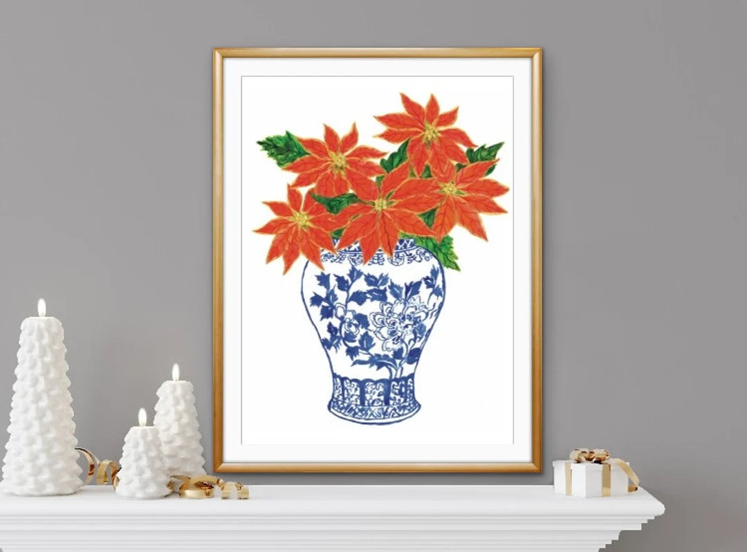 Christmas Poinsettia Art Print: Blue and White Vase, Holiday Decor - Etsy | Etsy (US)