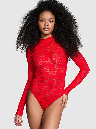 Wink Lace Long-Sleeve Bodysuit, Red, XS - Women's Pajama Tops - PINK | Victoria's Secret (US / CA )