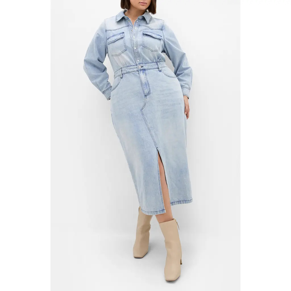 City Chic Elara Denim Midi Shirt Dress in Denim Light at Nordstrom | Nordstrom