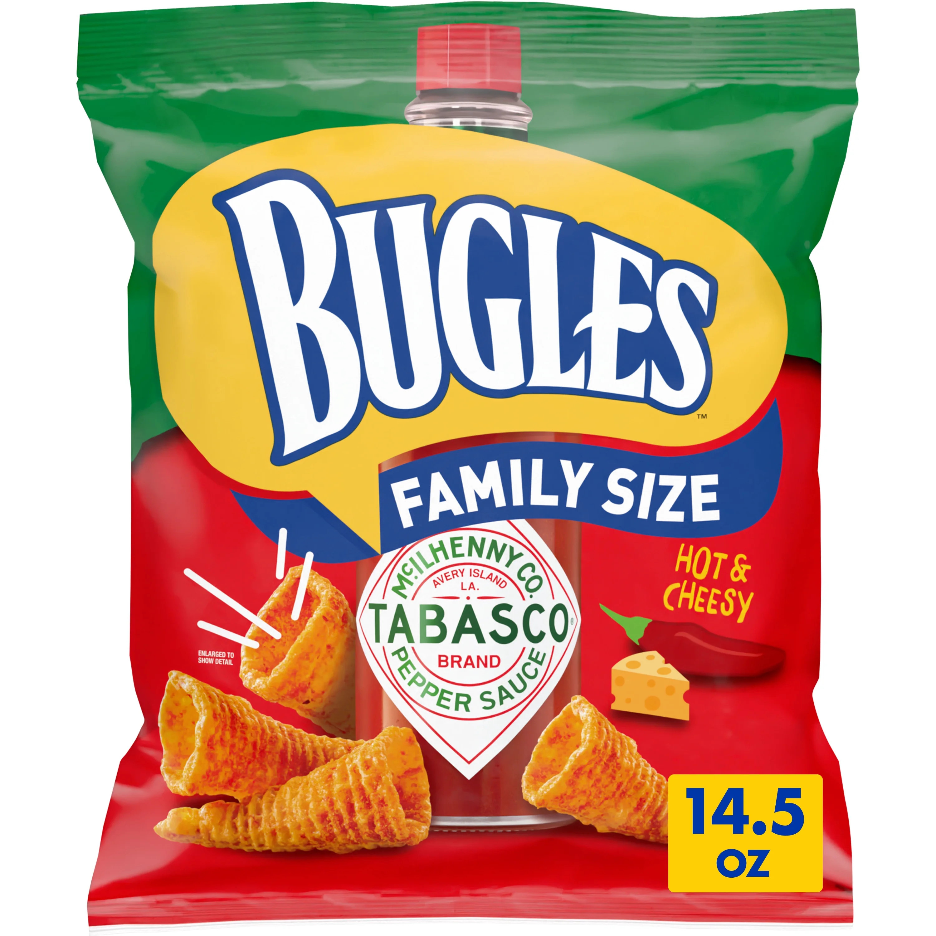 Bugles Tabasco Flavored Crispy Corn Snacks, Hot and Cheesy, Family Size, 14.5 oz | Walmart (US)
