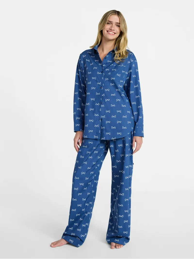No Boundaries Sleepwear Woven Cotton Button-Down Shirt, Women's XS-XXL | Walmart (US)