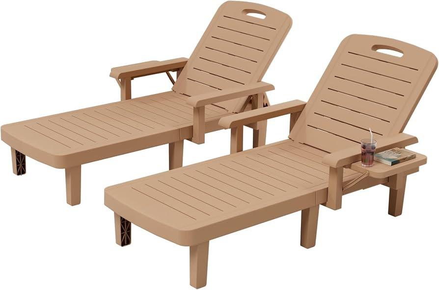 UDPATIO Outdoor Lounge Chair Set of 2 with Arms, Resin Reclining Patio Chaise with Side Table - 5... | Amazon (US)