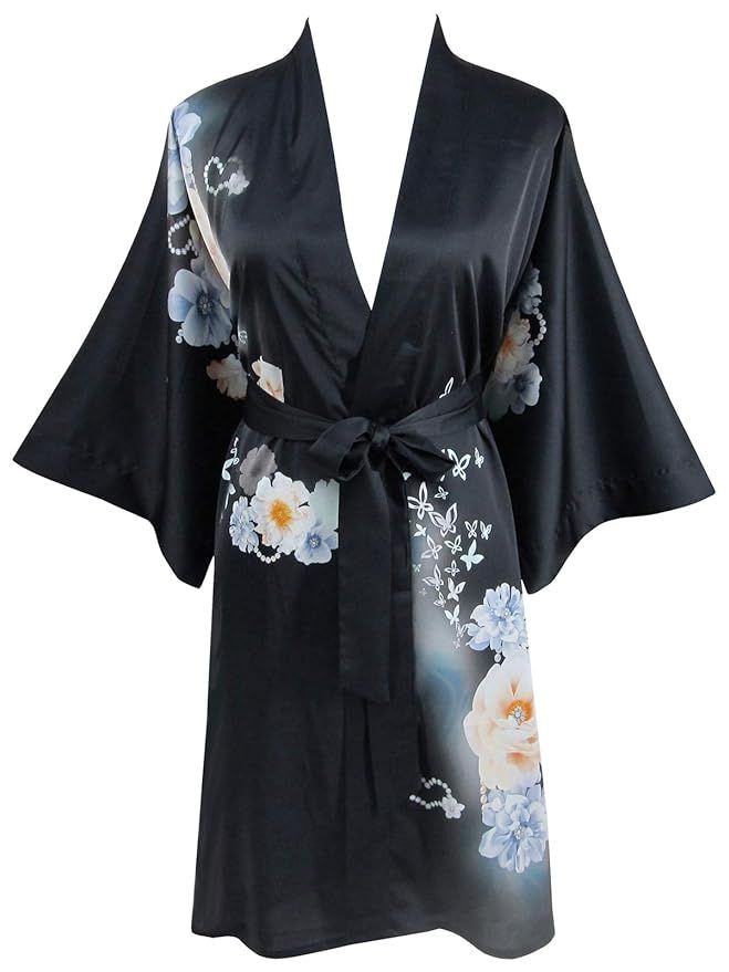 Ledamon Women's Silk Satin Kimono Short Robe - Classic Floral Bathrobe Nightgown | Amazon (US)