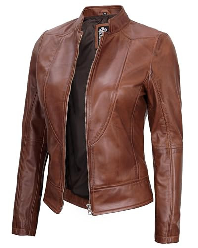 fjackets Leather Biker Jacket Women - Real Lambskin Women's Leather Jacket | [1314825] Amy Cognac, XL | Amazon (US)
