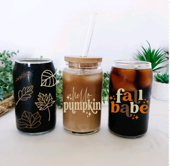 Fall Glass Cans/can Glass With Bamboo Lid and Glass Straw/fall - Etsy | Etsy (US)