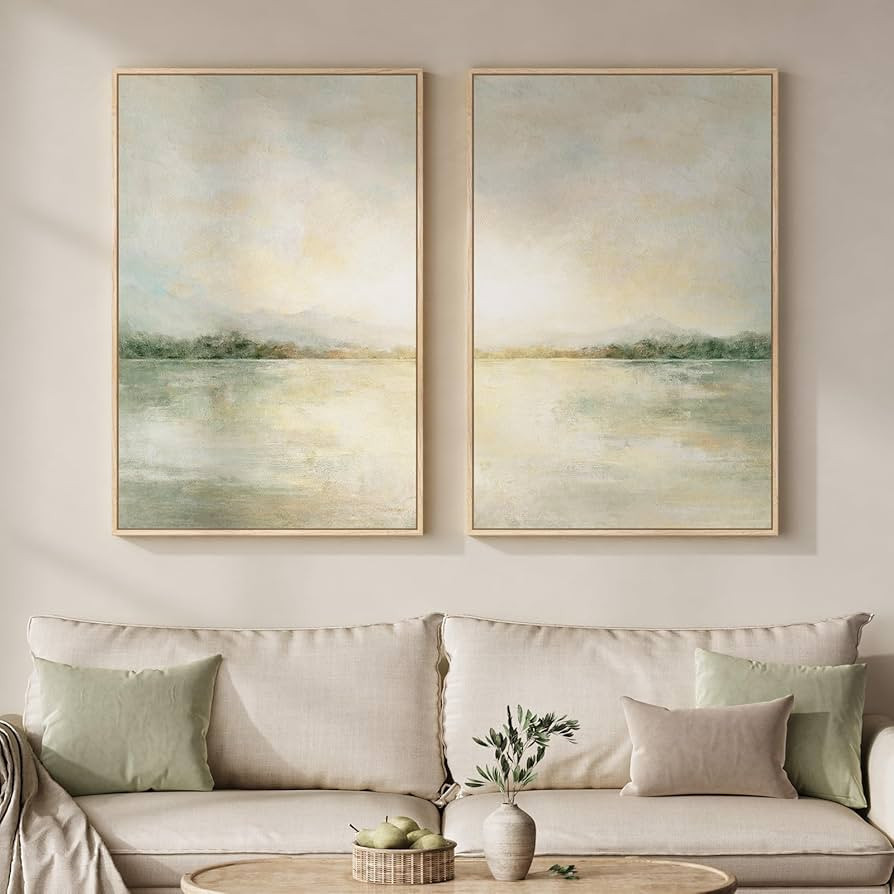 Framed Abstract Landscape Wall Art Set of 2 for Living Room, Large Sage Green Neutral Rustic Canv... | Amazon (US)