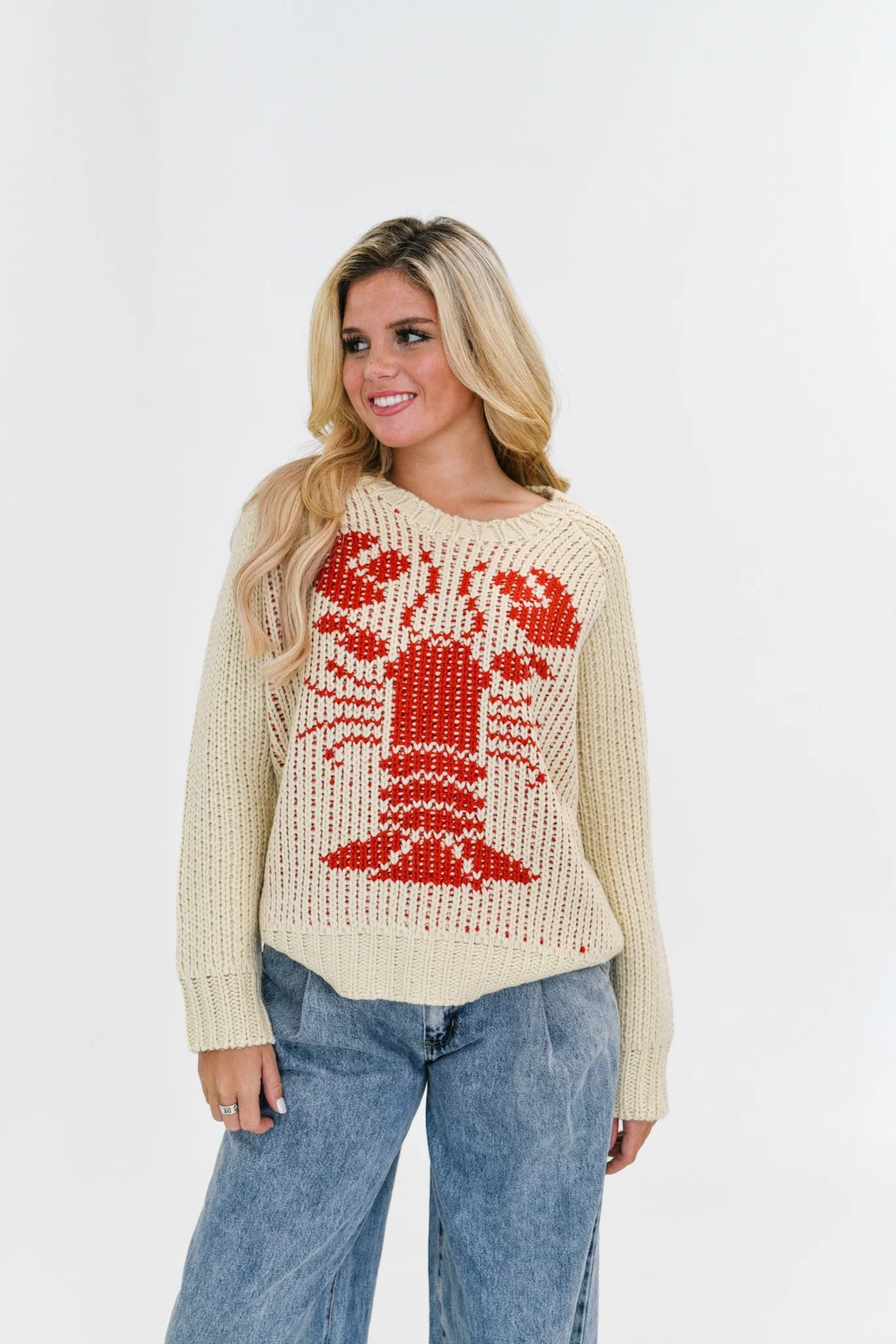 Layla Chunky Knit Lobster Sweater-Sand/Red Extra small | Fancyd Boutiqe
