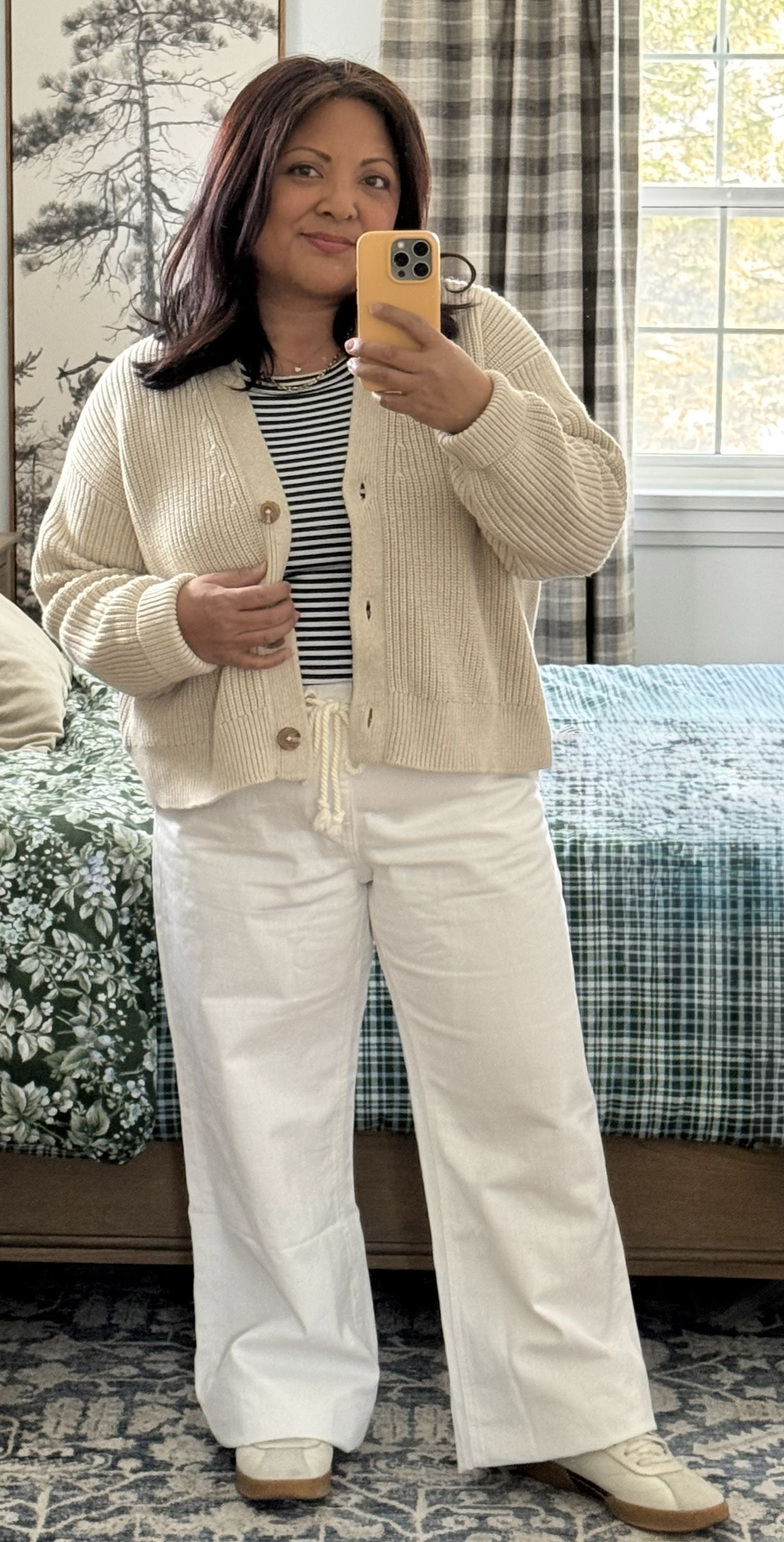 spring outfit, cardigan sweater, white jeans, white pants, weekend outfit, shaker knit sweater, over 40, petite outfit, weekend wear 

 #LTKcanada #LTKmidsize #LTKpetite
