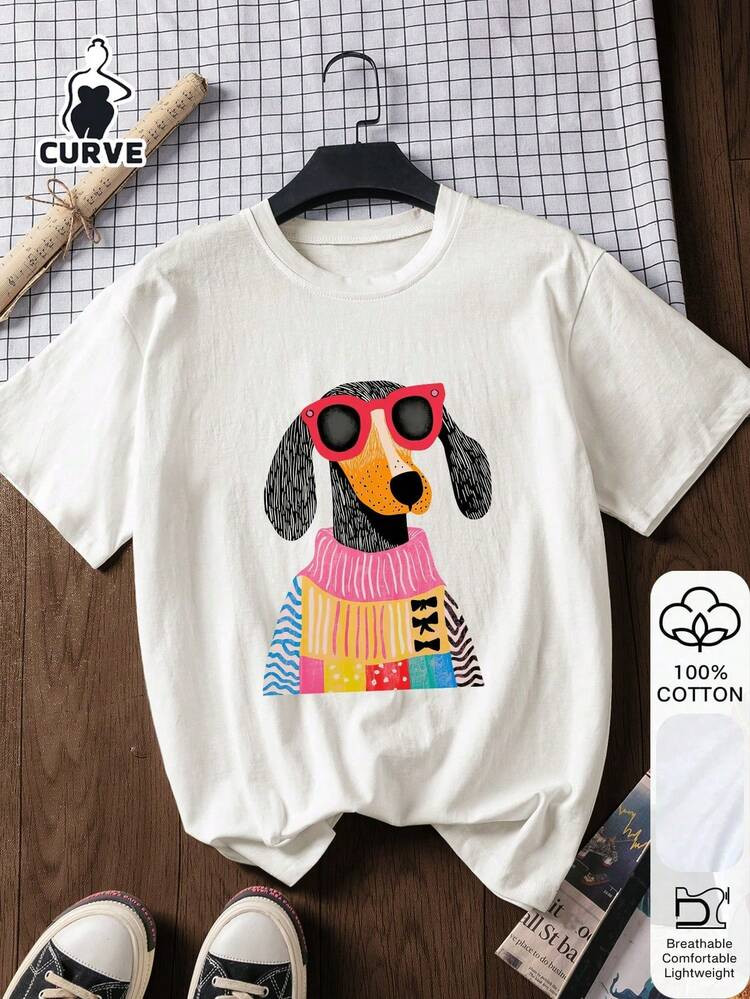 Camiseta De Verano Casual De Algodón Con Mangas Cortas Y Estampado De Cachorro De Dibujos Animados Para Mujeres, Camisetas Gráficas De Algodón Para Outfits Casuales De Mujer, Tallas S-3XL | SHEIN