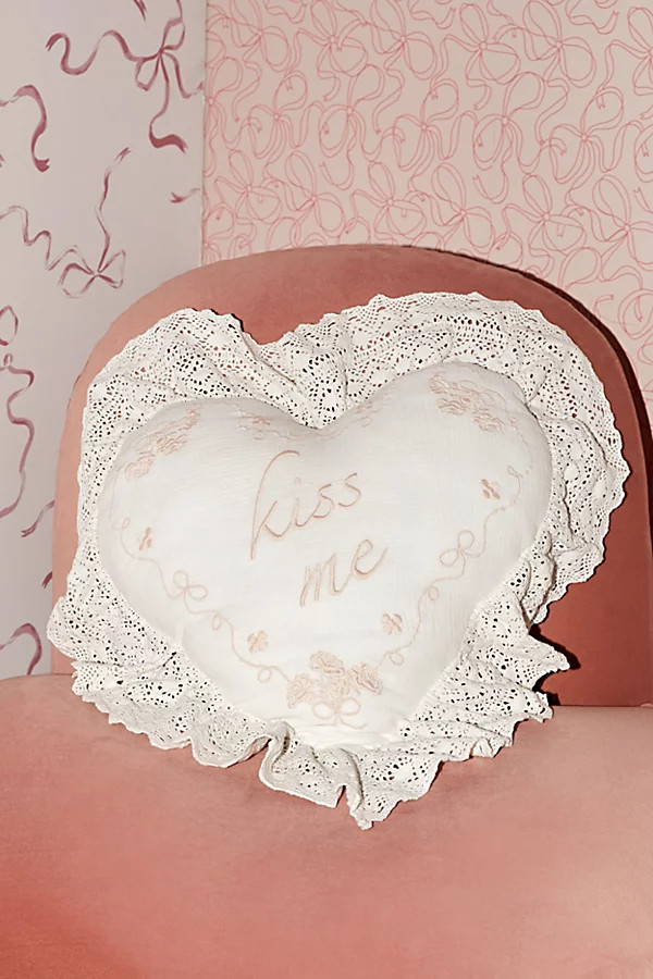 Kiss Me Embroidered Ruffle Heart Throw Pillow in White at Urban Outfitters | Urban Outfitters (US and RoW)