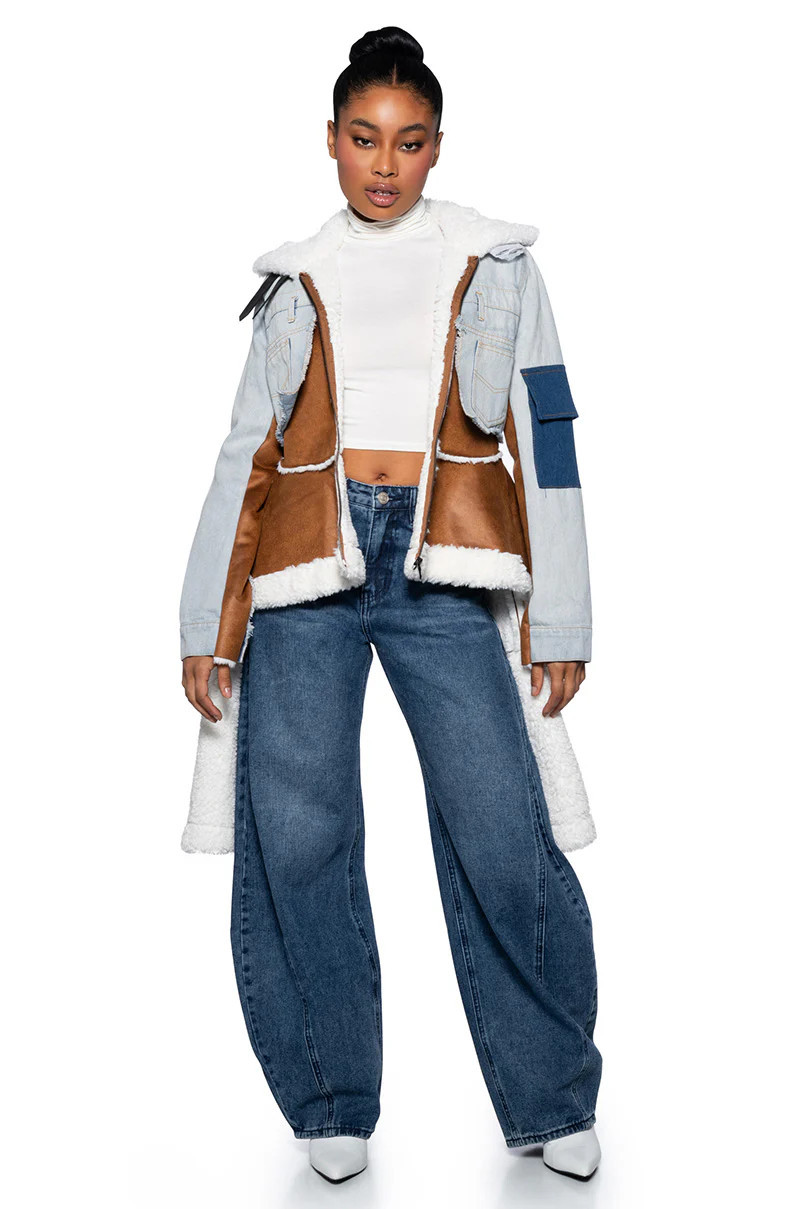 AKIRA Aviator Shearling Trench Denim Jacket | Size Small | AKIRA