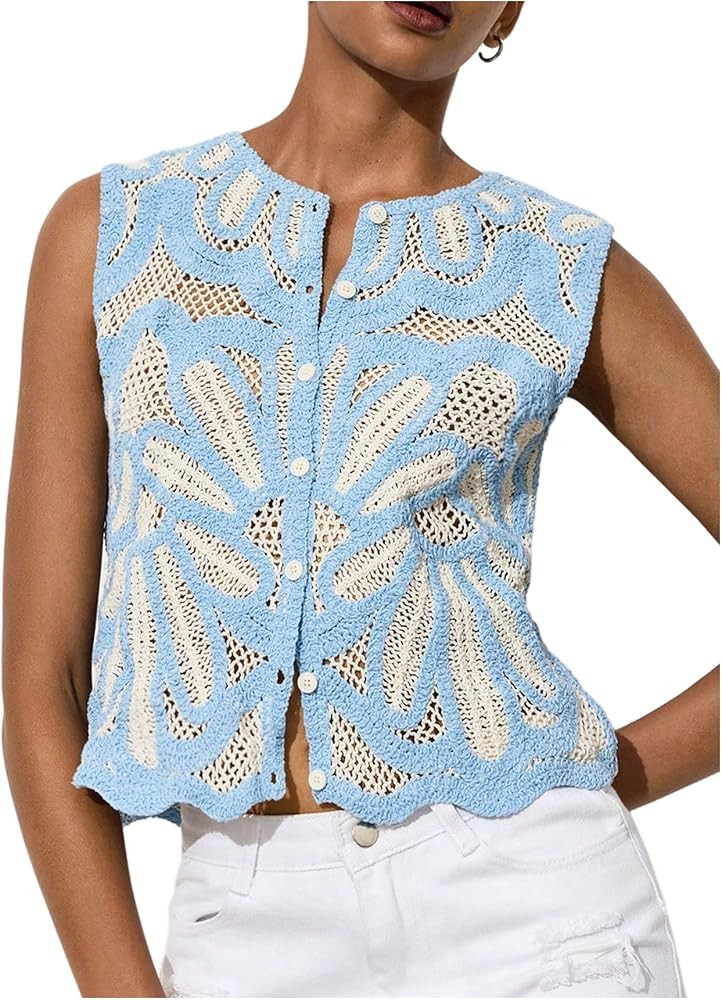Milumia Women's Floral Crochet Tank Tops Button Down Sleeveless Knit Cropped Sweater Vest | Amazon (US)