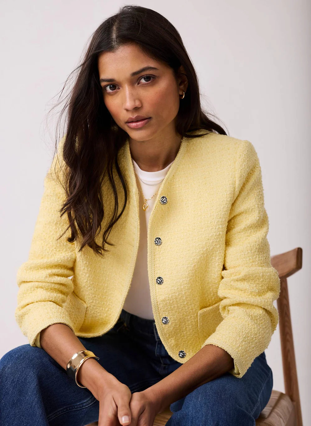 Yellow Boucle Cotton Blend Jacket | Mint Velvet
