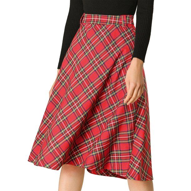 Women's Plaid High Waist Belted Vintage A-Line Midi Skirt | Walmart (US)