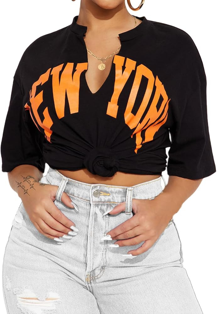 LovelyWholesale Women's Graphic Letter Print Summer Tee V Neck Short Sleeve T Shirt New | Amazon (US)