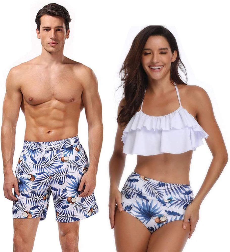 Ulikeey Blue Coconut and Leaves Matching Swimsuit for Couples Men and Women Beach Bathing Suits | Amazon (US)