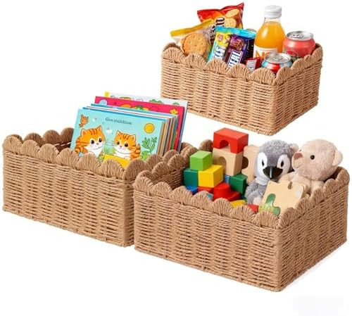 3 Pcs Wicker Baskets for Organizing,Scalloped Baskets, Hand-woven Wicker Storage Cubes, Paper Rop... | Amazon (US)