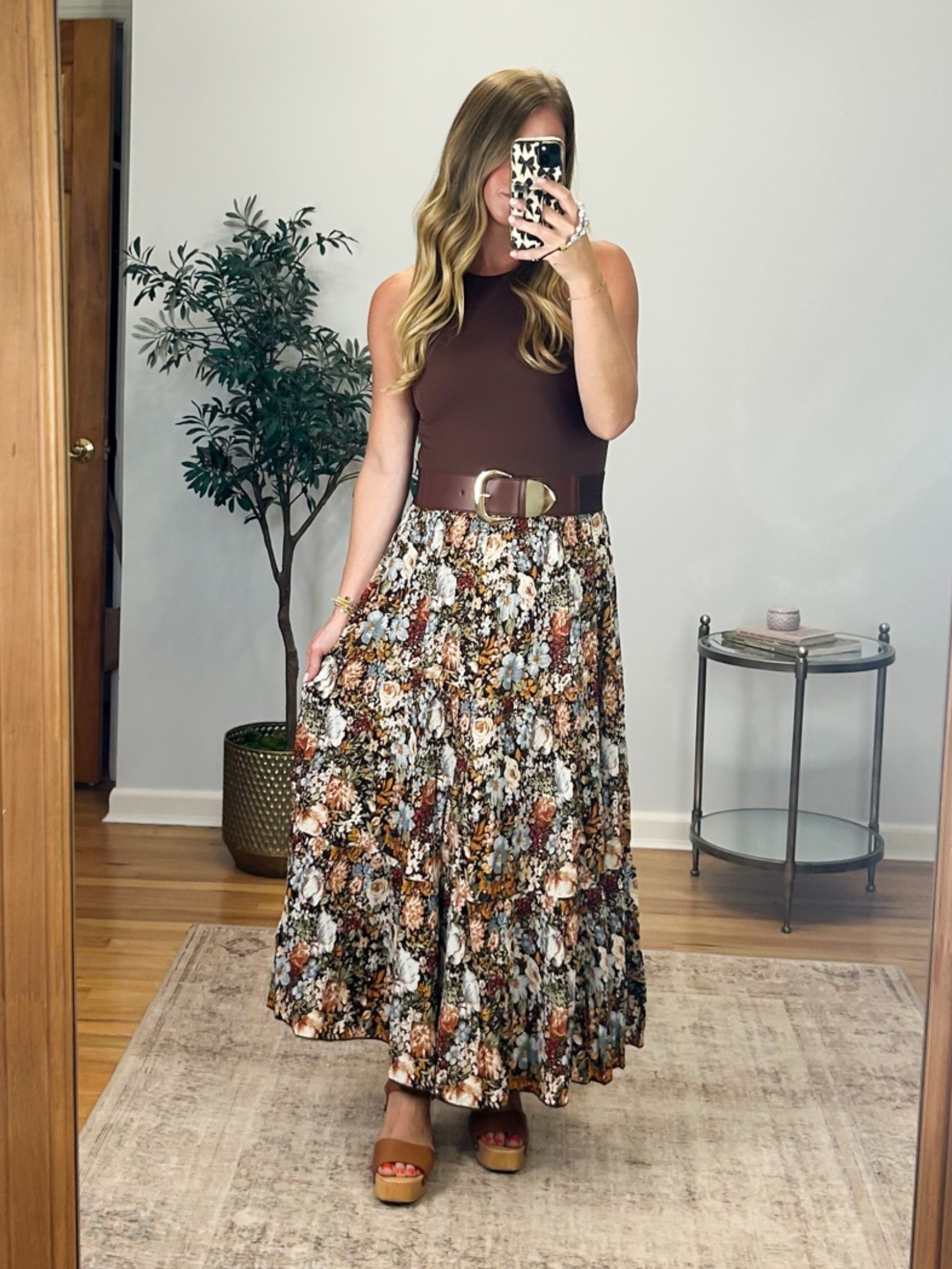 The perfect fall outfit. This skirt is stunning! Gorgeous fall colors! Stretchy waistband. Paired with my favorite bodysuit, Double lined and so soft and a stretchy belt to added detail! Wearing size medium in skirt and bodysuit.

#LTKootd #LTKSaleAlert #LTKSeasonal