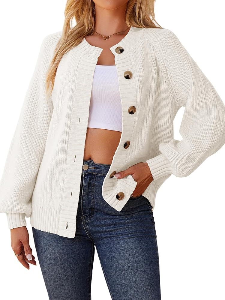 Cardigan Sweaters for Women Crew Neck Chunky Knit Cardigan Button Down Long Sleeve Fall Winter Fa... | Amazon (US)