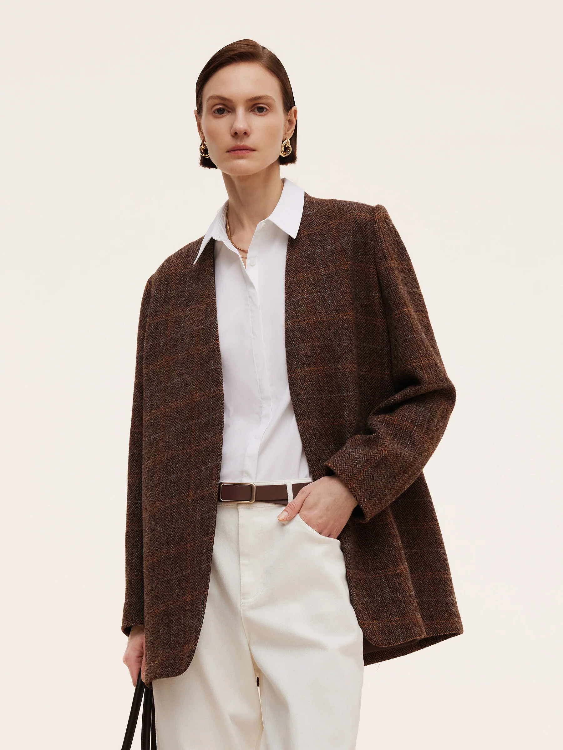 Blazer pour femmes sans col en plaid 100 % laine | GOELIA