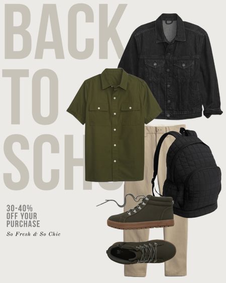 Tween boys Back to School outfit.
-
Gap kids - back to school sale - boys green utility shirt - boys uniform khaki pants - Nike sneakers (not on sale) - black denim jacket boys - black backpack boys - boys preppy back to style outfit idea - green high top sneakers boys - affordable back to school tween boy

#LTKkids #LTKBacktoSchool #LTKsalealert