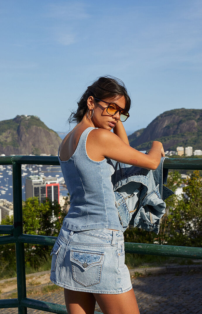 Women's Piper Floral Embroidered Rhinestone Denim Micro Mini Skirt in Light Indigo - Size 32 | PacSun