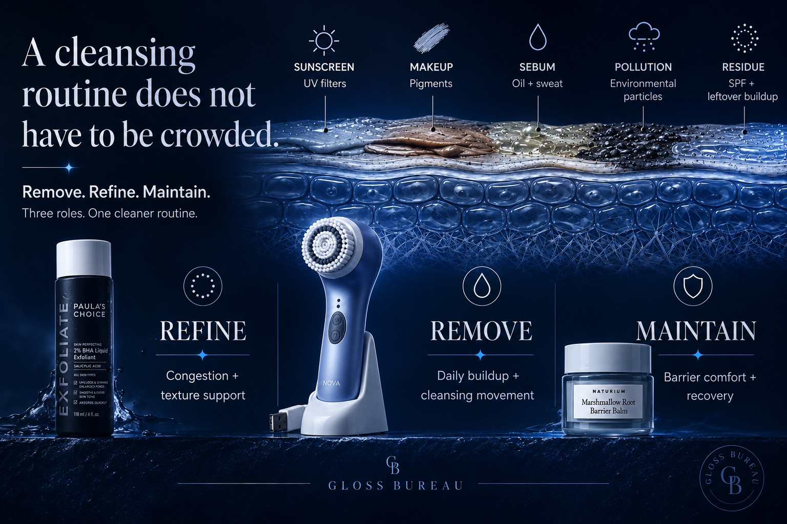 A fundamental misconception in modern skin management is that cleansing is a singular action. In practice, a standalone wash is rarely equipped to manage surface debris, lipid-bound congestion, and epidermal integrity all at once.

When skin presents as simultaneously dehydrated and congested, the issue is almost always routine design—either over-stripping the stratum corneum or leaving residual surface load behind. True clarity requires an intentional, three-stage mechanism:

🔹 Remove: Physical clearance of daily environmental residue, lipid buildup, and sunscreen formulas. Utilizing targeted sonic movement—like the Spa Sciences Nova—allows for thorough dislodgement without micro-friction or barrier disruption.

🔹 Refine: Enzymatic or chemical dissolution of impacted sebum inside the pore wall. A low-pH Salicylic Acid, specifically Paula’s Choice 2% BHA, operates directly within the pore lining to clear follicular pathways.

🔹 Maintain: Epidermal recovery and lipid restoration. Following active clearance, Naturium’s Marshmallow Root Barrier Balm reinforces intercellular lipids, mitigating transepidermal water loss (TEWL) and stabilizing the skin mantle.

Explore the structural breakdown and shop the formulation specs linked below. 

 #LTKmomlife #LTKselfcare #LTKBeauty
