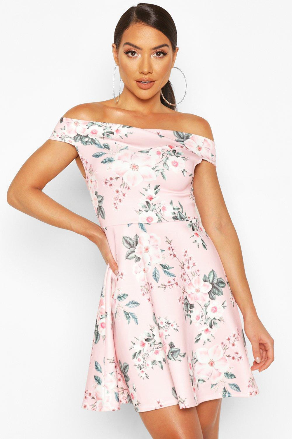 Womens Floral Print Off The Shoulder Skater Dress - Pink - 4 | Boohoo.com (US & CA)