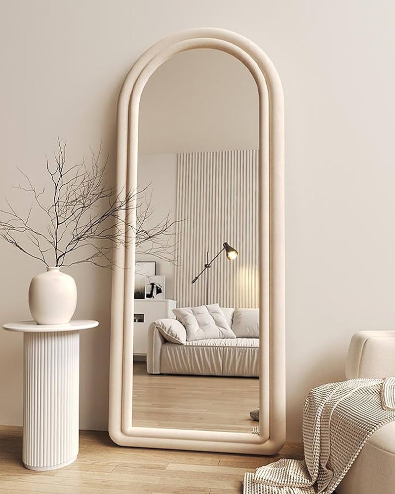 Floor Mirror, Arched Full Length Mirror with Stand, Standing Mirror, 63"x24" Full Body Mirror, Large Mirror, Wall Mirror, Freestanding, Wall Mounted, Flannel Frame, Beige White | Amazon (US)