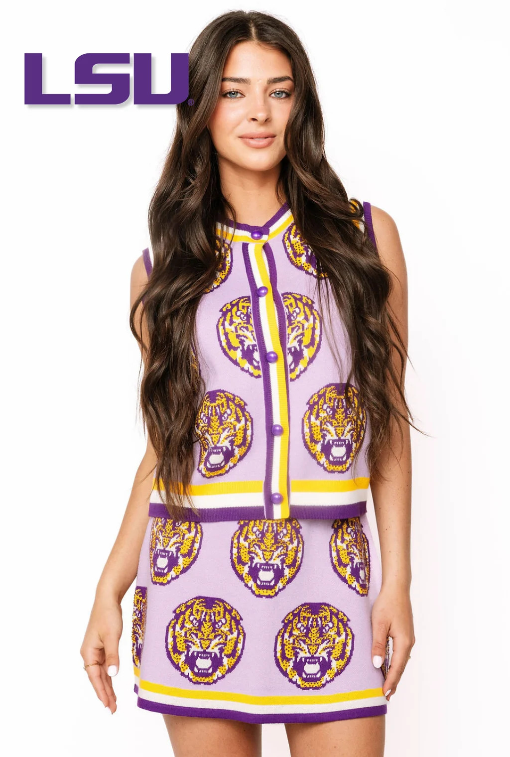 Licensed LSU Knit in Rhinestone Button Up Knit Tank | Queen of Sparkles