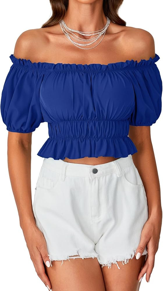 LYANER Women's Off Shoulder Short Sleeve Pleated Ruffle Trim Crop Top Blouse Shirt | Amazon (US)