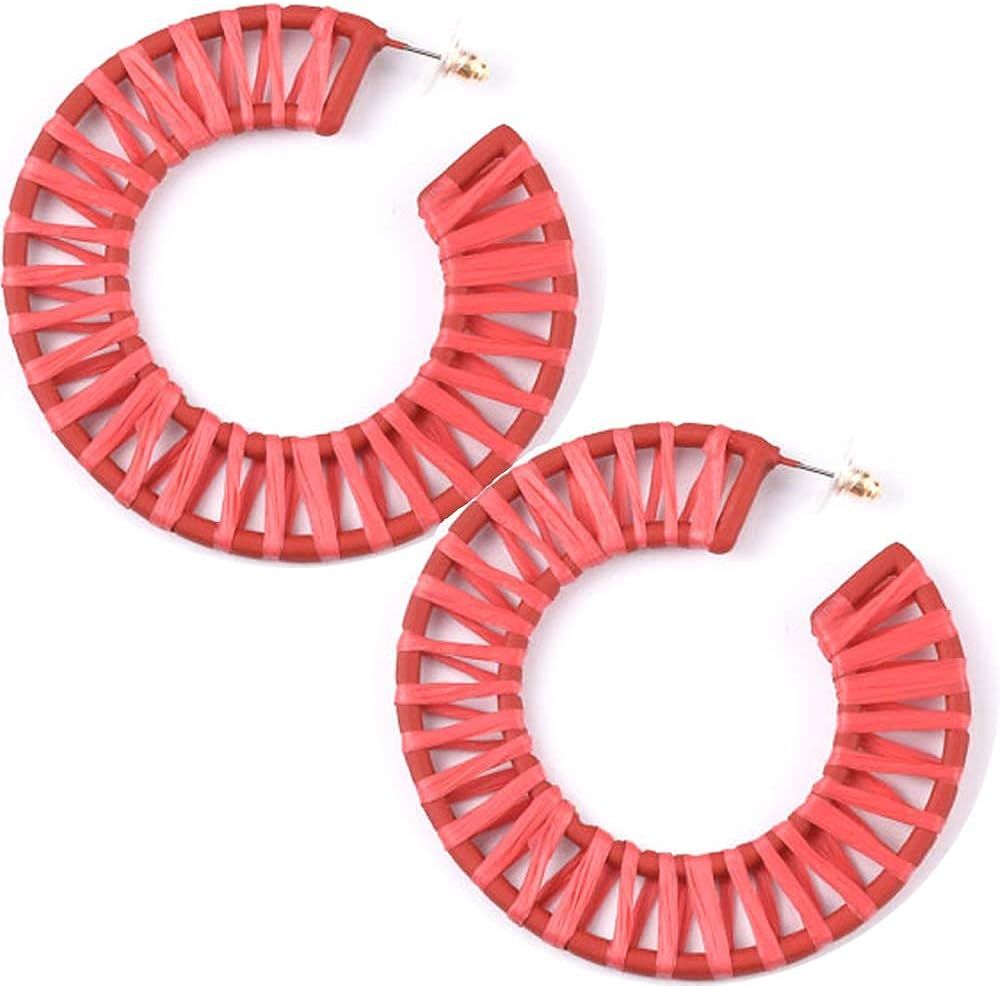 Geometric Hoop Earrings Raffia Handmade Earrings Statement Earrings for Women Nickel Free Summer | Amazon (US)