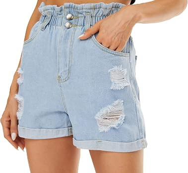 Plaid&Plain Women's High Waisted Denim Shorts Rolled Blue Jean Shorts | Amazon (US)