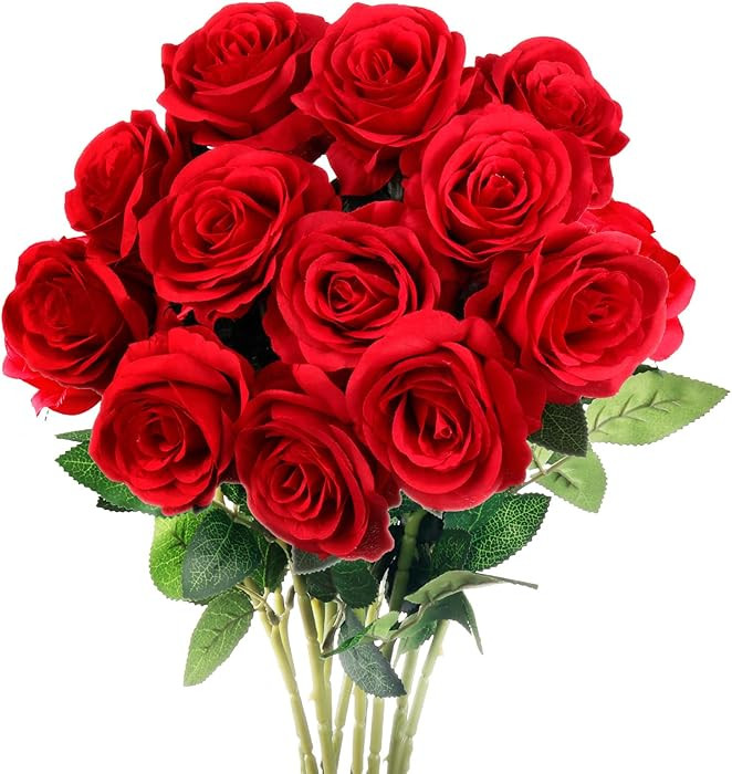 Mocoosy 12PCS Red Roses Artificial Flowers, Fake Roses with Long Stems Realistic Silk Rose Bouque... | Amazon (US)