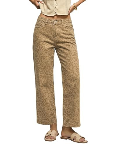 luvamia Wide Leg Jeans Woman Trendy High Waisted Leopard Cheetah Print Ankle Length Stretchy Denim Pants with Pockets Khaki Leopard Size Medium US Size 8 10 | Amazon (US)