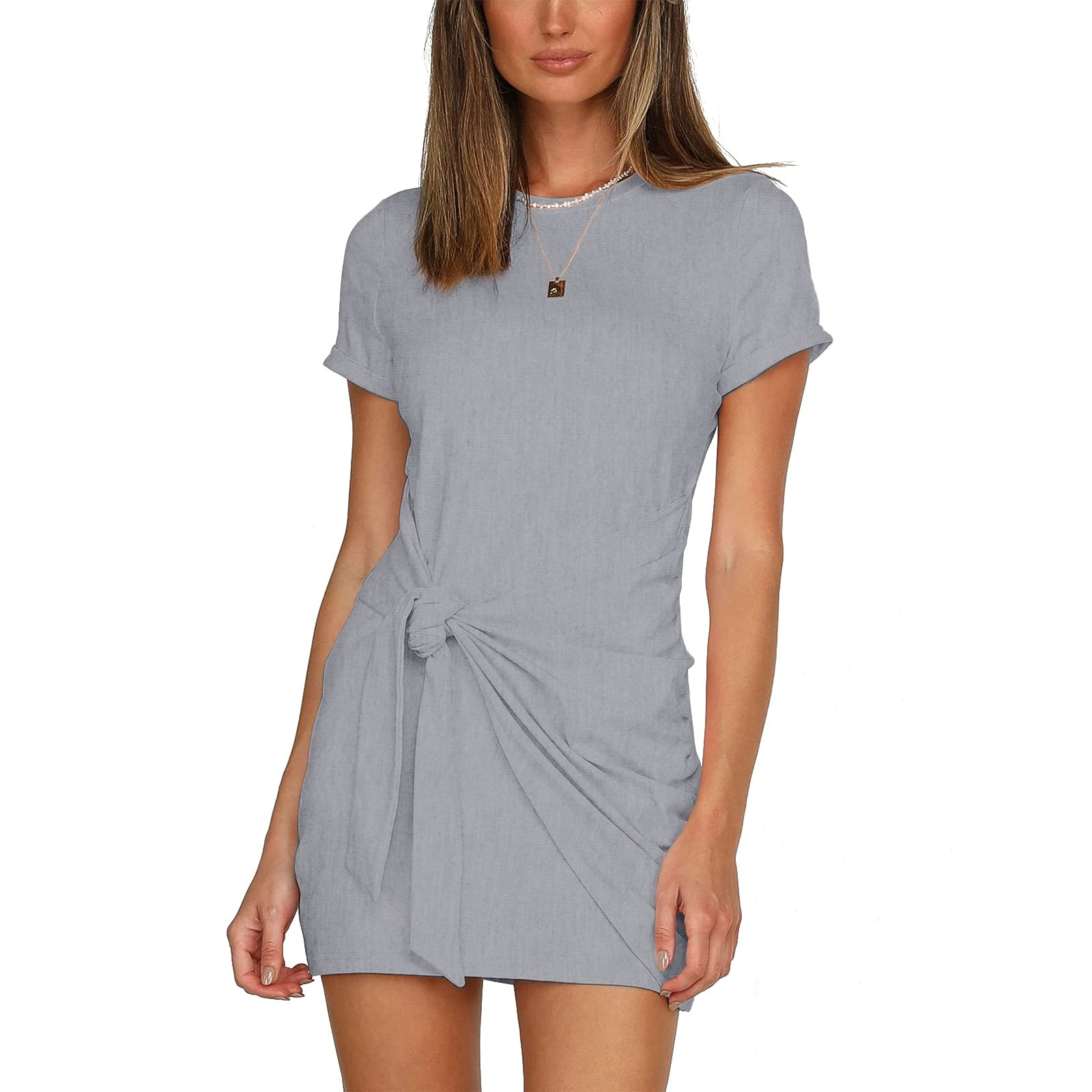 ISZPLUSH Women's Petite Dresses Short Sleeve Sleeveless Ruched Crewneck Tie Waist Short Bodycon M... | Amazon (US)