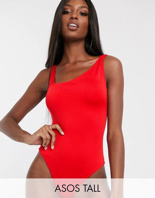 ASOS DESIGN recycled tall asymmetric minimal plunge swimsuit in red | ASOS (Global)