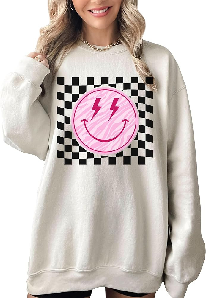 TEEAMORE Smile Face Sweatshirt Checkered Lightning Bolt Vintage Positive Women Crewneck | Amazon (US)
