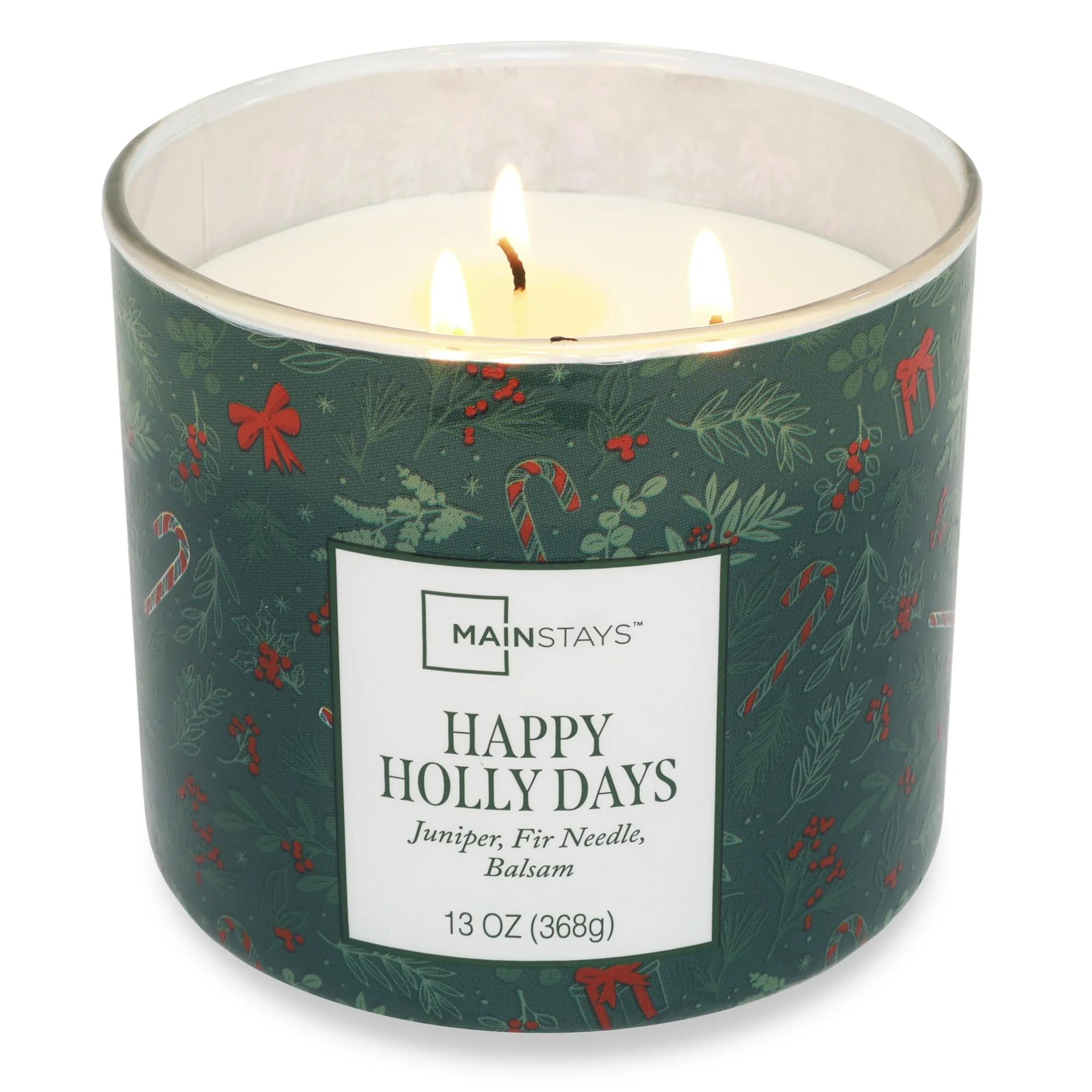 Mainstays 3-Wick Happy Holly Days Scented Candle with a Green Garland Toss Scene Wrap, 13-Ounce -... | Walmart (US)