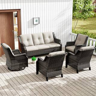 5-Piece Wicker Outdoor Sectional Set Sofa and Lounge Chairs Patio Conversation Set with Beige Cushions | The Home Depot
